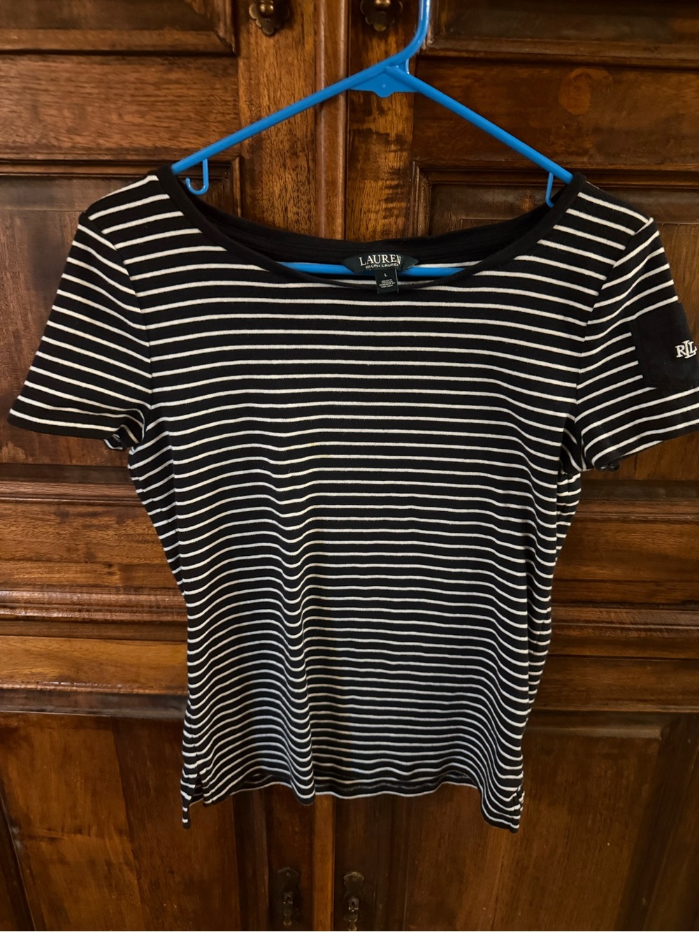 Lauren Ralph Lauren Women’s Black N White Stripe Top Short Sleeve Large